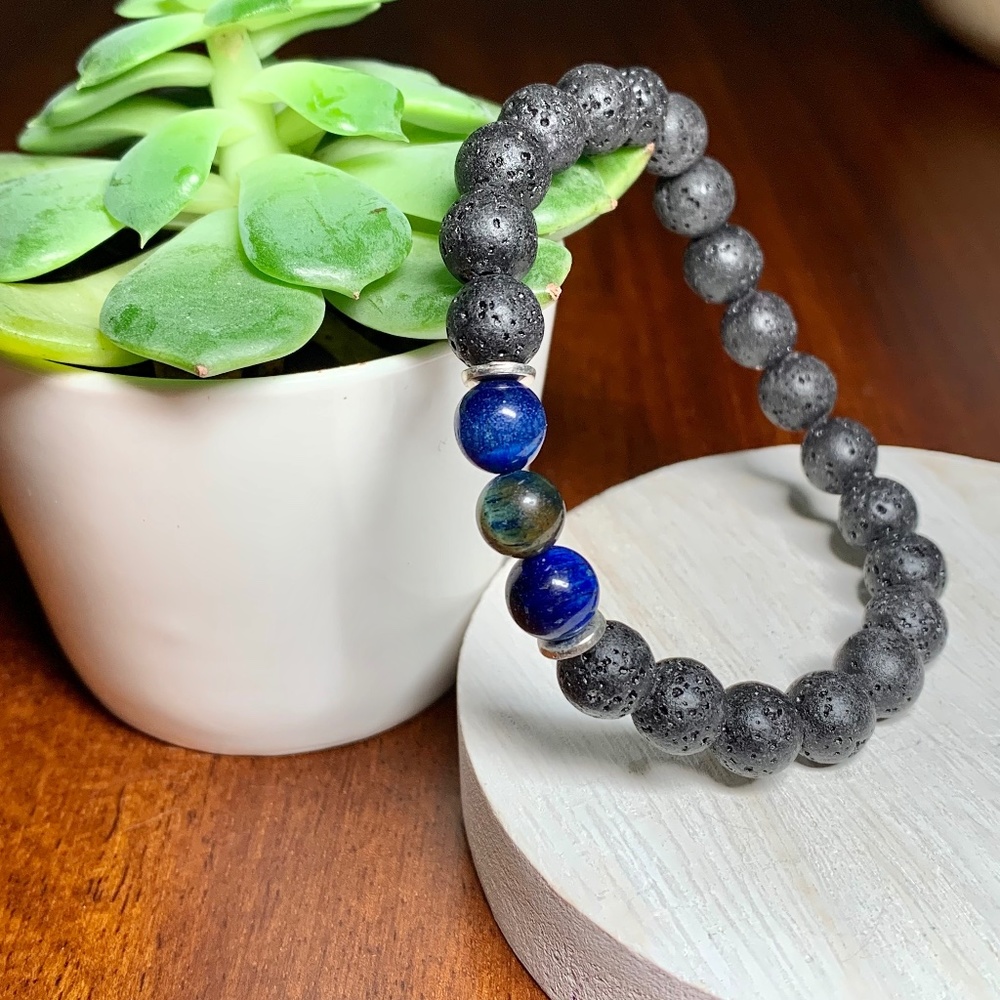 Dark Blue Tiger’s Eye Stone and Natural Lava Rock Diffuser Bracelet